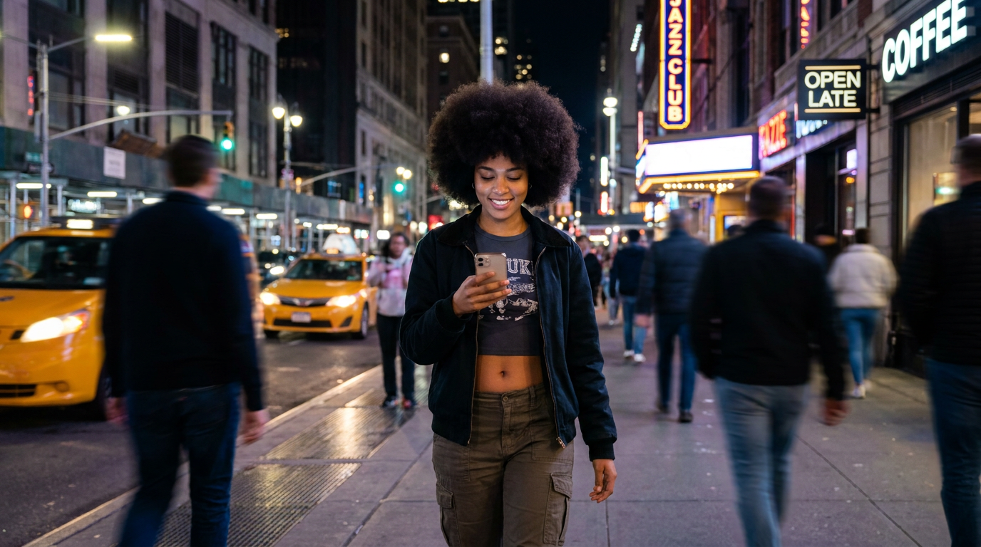 Person using LuvClub in the city at night